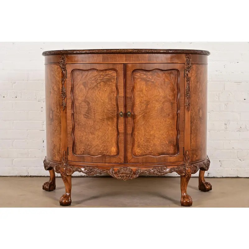 Romweber Chippendale Burl Wood Demilune Cabinet or Console Table, Circa 1920s