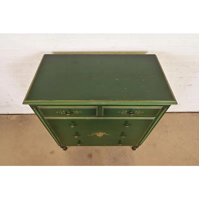 Stickley Brothers Antique Early American Country Cottage Green Lacquered Floral Painted Dresser, Circa 1920s - Image 11
