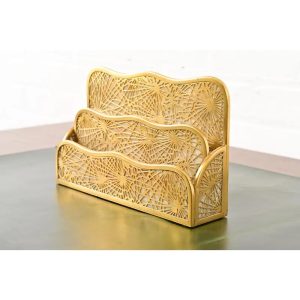 Tiffany Studios New York Pine Needle Bronze Doré and Favrile Slag Glass Letter Rack