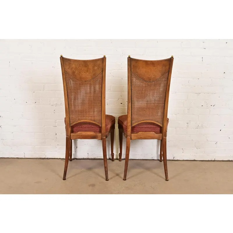 William Doezema for Mastercraft Mid-Century Modern Hollywood Regency Burl Wood and Cane Back Dining Chairs, Set of Four - Image 11