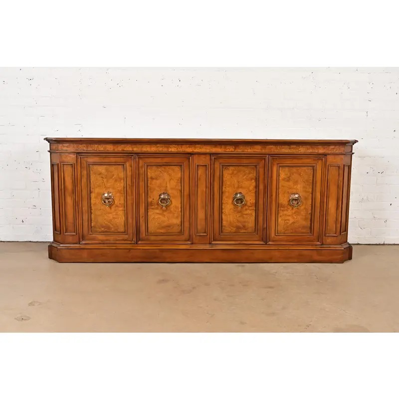 Baker Furniture French Regency Louis XVI Carved Cherry and Burl Wood Sideboard or Bar Cabinet, Circa 1960s