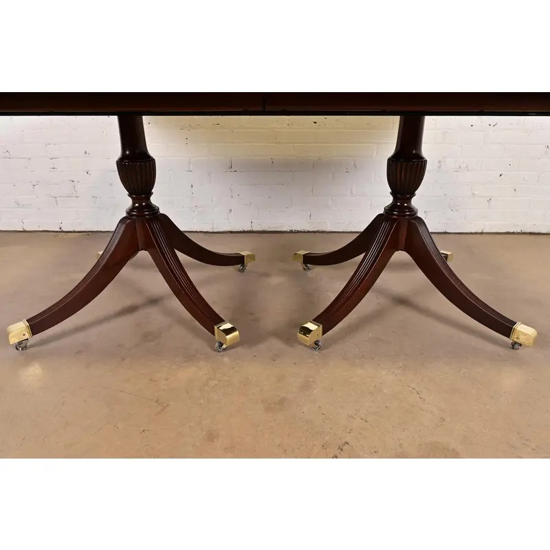 Baker Furniture Georgian Banded Mahogany Double Pedestal Extension Dining Table, Newly Refinished - Image 12