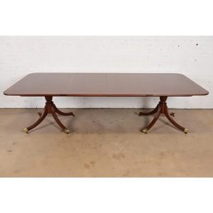 Baker Furniture Historic Charleston Georgian Banded Mahogany Double Pedestal Extension Dining Table, Newly Refinished