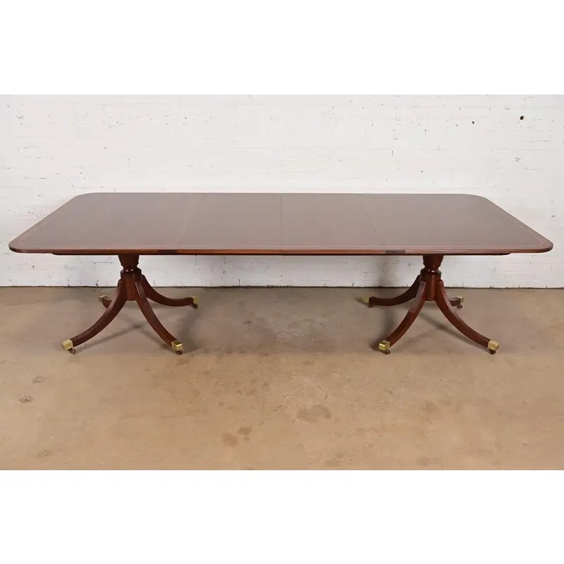 Baker Furniture Historic Charleston Georgian Banded Mahogany Double Pedestal Extension Dining Table, Newly Refinished