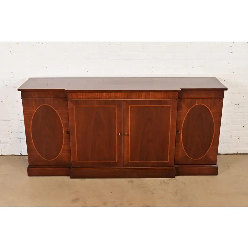 Baker Furniture Historic Charleston Georgian Inlaid Mahogany Breakfront Sideboard or Bar Cabinet