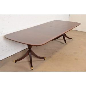 Baker Furniture Style English Georgian Banded Mahogany Double Pedestal Extension Dining Table, Newly Refinished