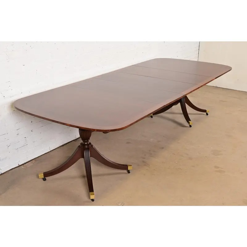 Baker Furniture Style English Georgian Banded Mahogany Double Pedestal Extension Dining Table, Newly Refinished