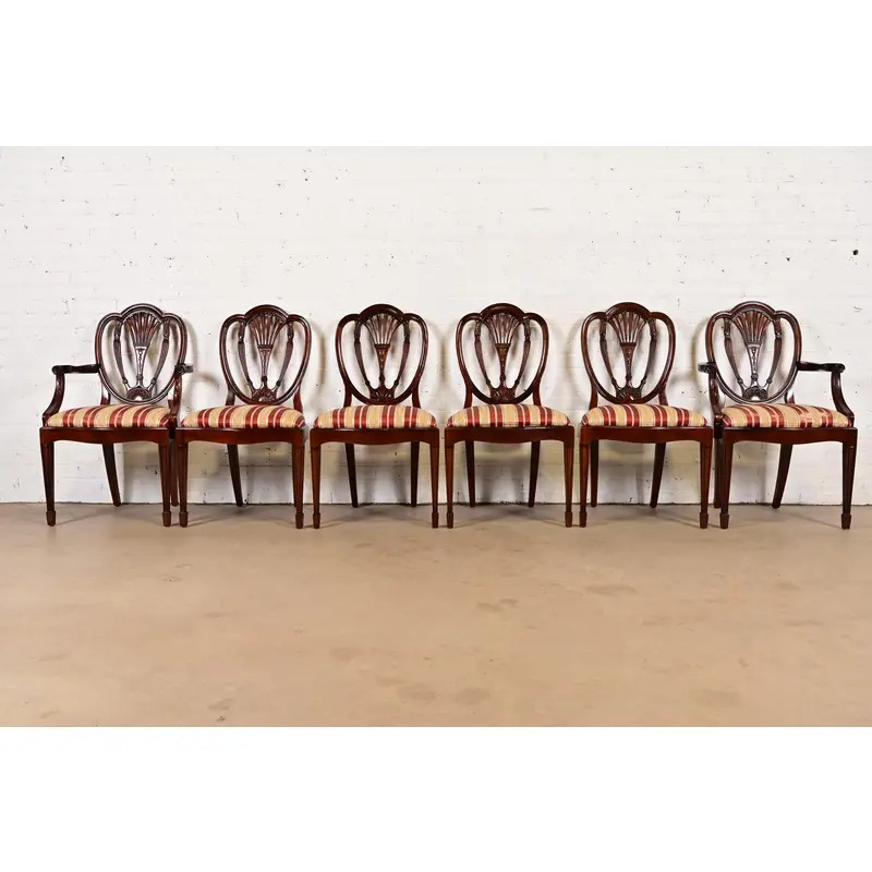 Baker Furniture Style Federal Carved Mahogany Shield Back Armchairs, Pair - Image 12