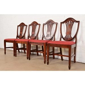 Baker Furniture Style Federal Carved Mahogany Shield Back Dining Chairs, Set of Four