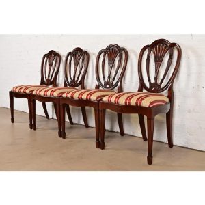 Baker Furniture Style Federal Carved Mahogany Shield Back Dining Chairs, Set of Four
