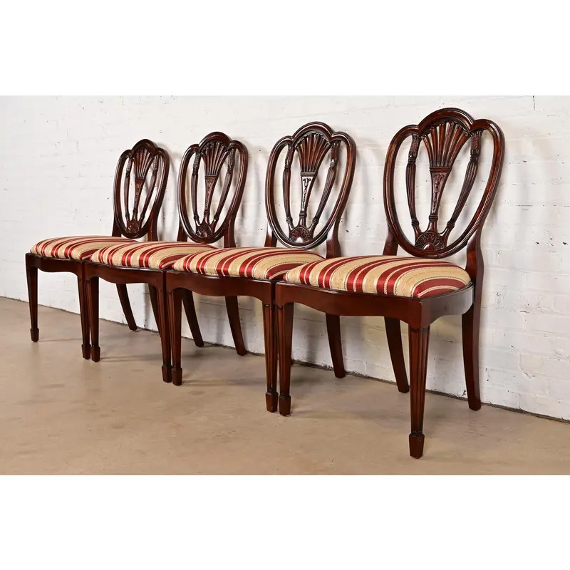Baker Furniture Style Federal Carved Mahogany Shield Back Dining Chairs, Set of Four