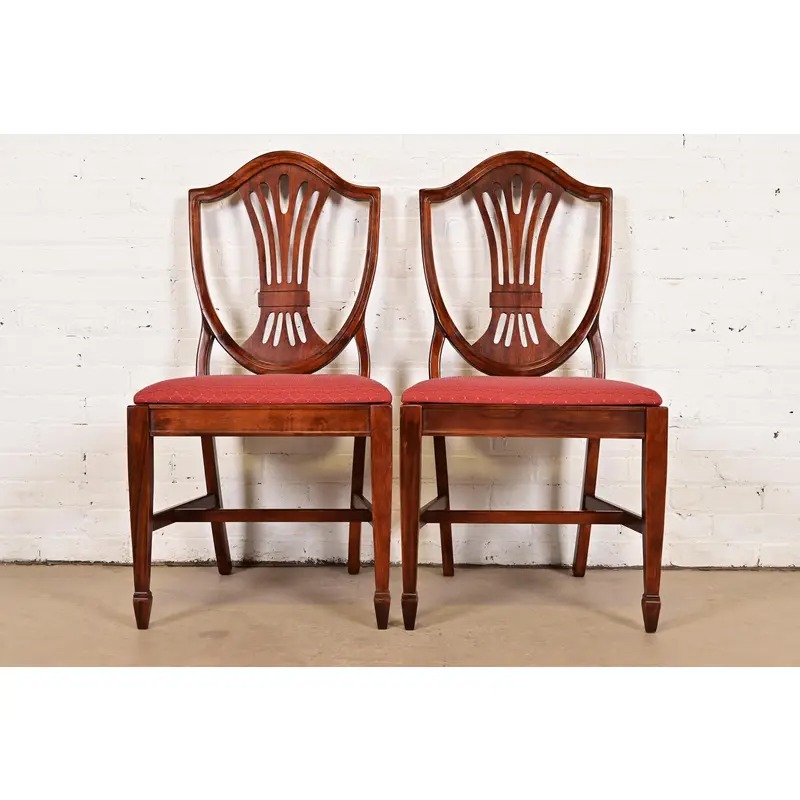 Baker Furniture Style Federal Mahogany Shield Back Dining Chairs, Pair