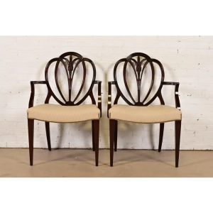 Baker Furniture Style Georgian Carved Mahogany Shield Back Armchairs, Pair