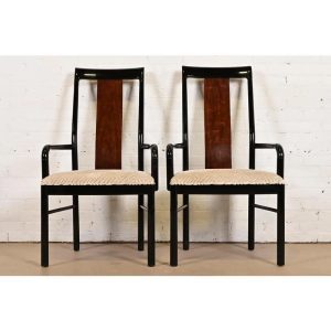 Drexel Heritage Mid-Century Modern Hollywood Regency Black Lacquer and Walnut High Back Armchairs, Pair