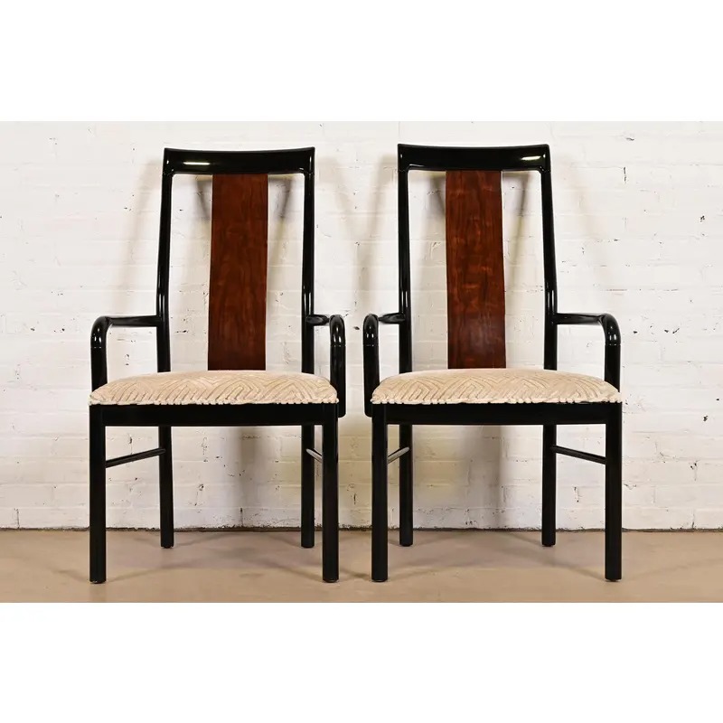 Drexel Heritage Mid-Century Modern Hollywood Regency Black Lacquer and Walnut High Back Armchairs, Pair