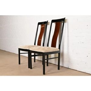 Drexel Heritage Mid-Century Modern Hollywood Regency Black Lacquer and Walnut High Back Dining Chairs, Pair