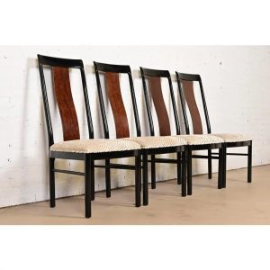 Drexel Heritage Mid-Century Modern Hollywood Regency Black Lacquer and Walnut High Back Dining Chairs, Set of Four