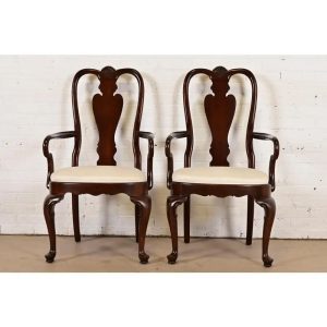 Ethan Allen Queen Anne Solid Mahogany Armchairs or Dining Captain Chairs, Pair