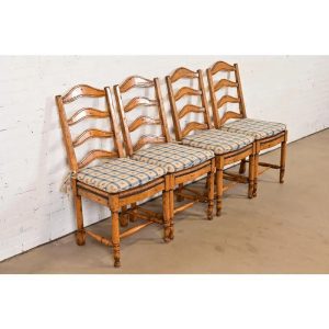 Guy Chaddock English Country Rustic Carved Maple Ladder Back Dining Chairs, Set of Four