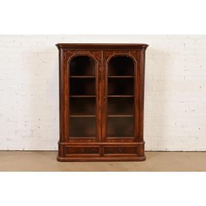 Herter Brothers Style Antique Victorian Burled Walnut Glass Front Bookcase, Circa 1880s