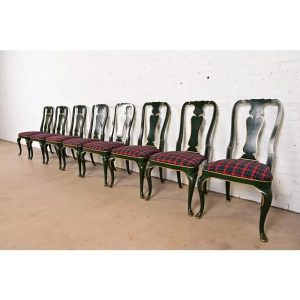 Kindel Furniture Chinoiserie Queen Anne Green Lacquered and Gold Gilt Dining Chairs, Set of Eight