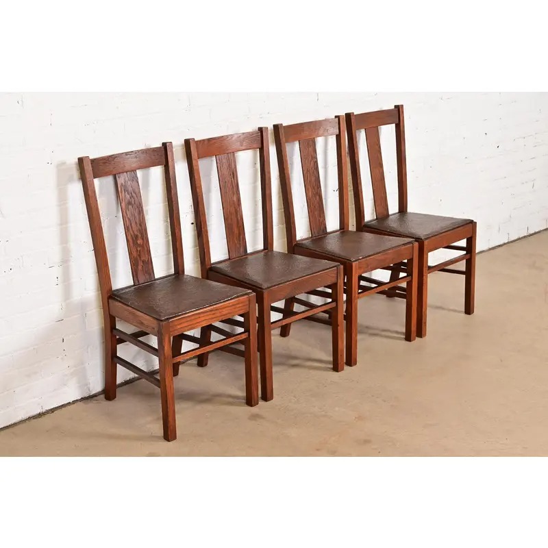 Limbert Style Antique Mission Oak Arts & Crafts T-Back Dining Chairs, Set of Four