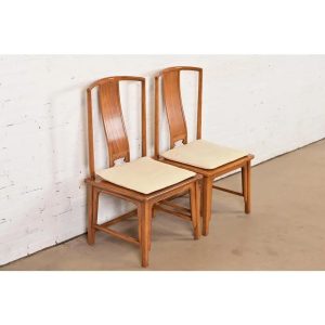Michael Taylor for Baker Furniture Far East Collection Carved Walnut Dining Chairs, Pair