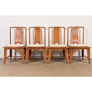 Michael Taylor for Baker Furniture Far East Collection Carved Walnut Dining Chairs, Set of Four