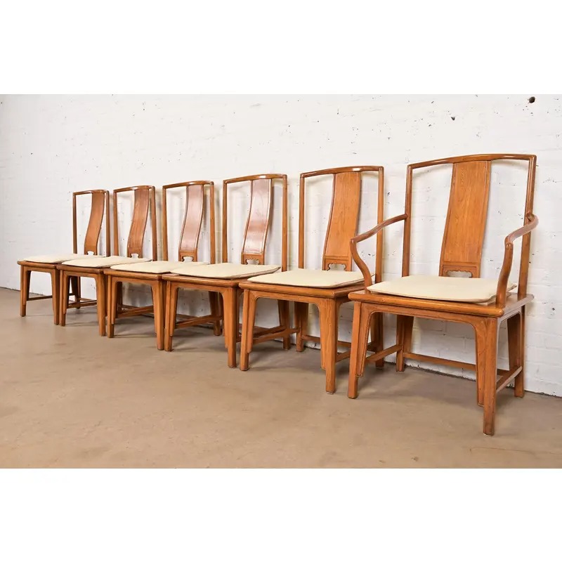 Michael Taylor for Baker Furniture Far East Collection Carved Walnut Dining Chairs, Set of Six