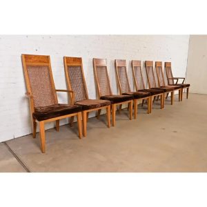 Milo Baughman Style Mid-Century Modern Burl Wood and Cane High Back Dining Chairs by Lane, Set of Eight