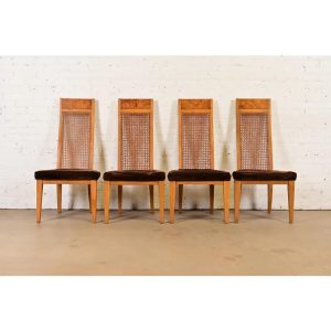 Milo Baughman Style Mid-Century Modern Burl Wood and Cane High Back Dining Chairs by Lane, Set of Four