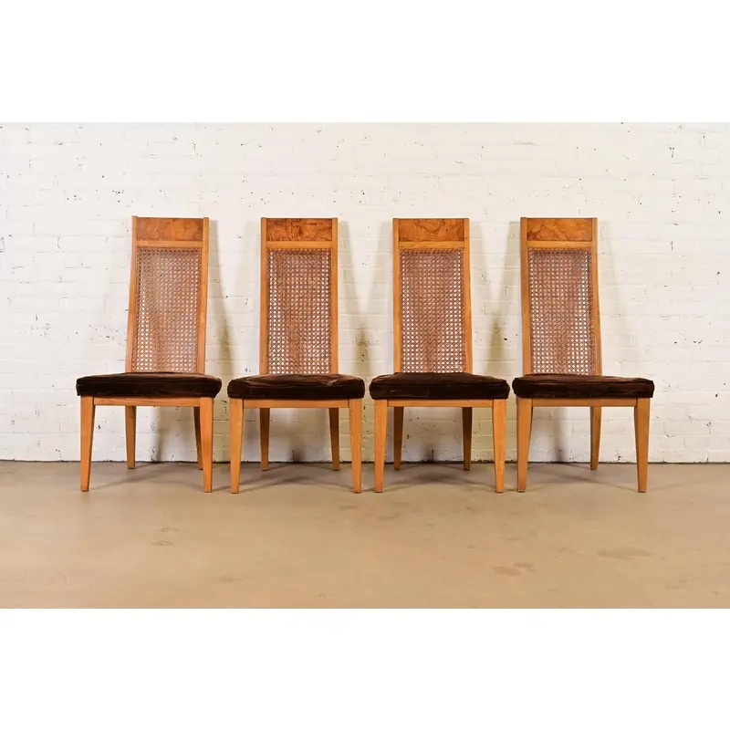 Milo Baughman Style Mid-Century Modern Burl Wood and Cane High Back Dining Chairs by Lane, Set of Four