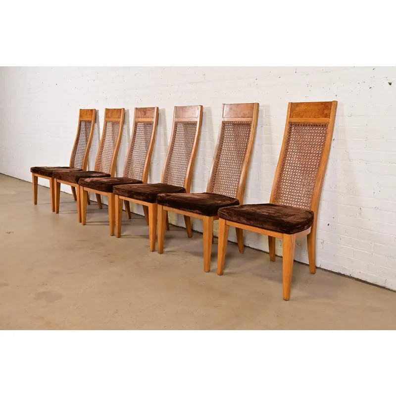 Milo Baughman Style Mid-Century Modern Burl Wood and Cane High Back Dining Chairs by Lane, Set of Six