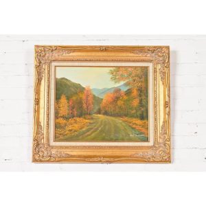 Original Artist Signed Scenic Fall Drive Oil Painting in Carved Giltwood Frame