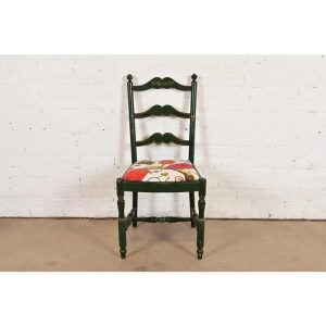 Stickley Brothers Antique Early American Country Cottage Green Lacquered Floral Painted Side Chair, Circa 1920s