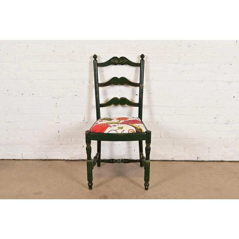 Stickley Brothers Antique Early American Country Cottage Green Lacquered Floral Painted Side Chair, Circa 1920s