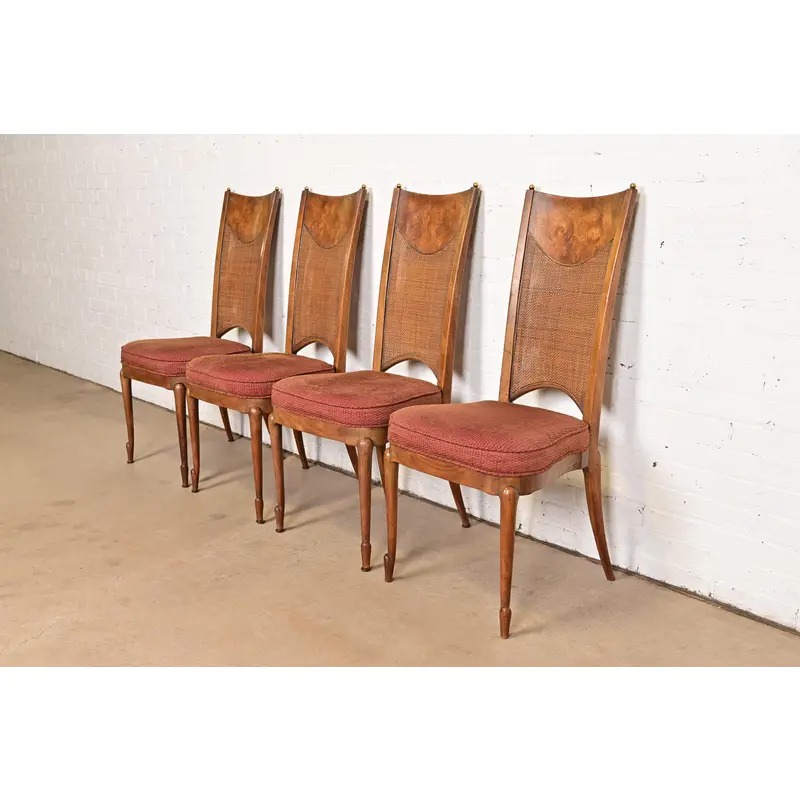 William Doezema for Mastercraft Mid-Century Modern Hollywood Regency Burl Wood and Cane Back Dining Chairs, Set of Four