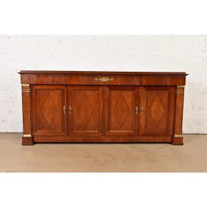 Baker Furniture French Regency Louis XVI Carved Cherry and Burl Wood Sideboard or Bar Cabinet