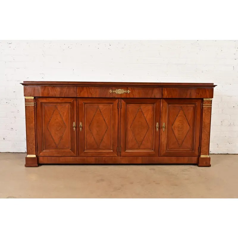 Baker Furniture French Regency Louis XVI Carved Cherry and Burl Wood Sideboard or Bar Cabinet