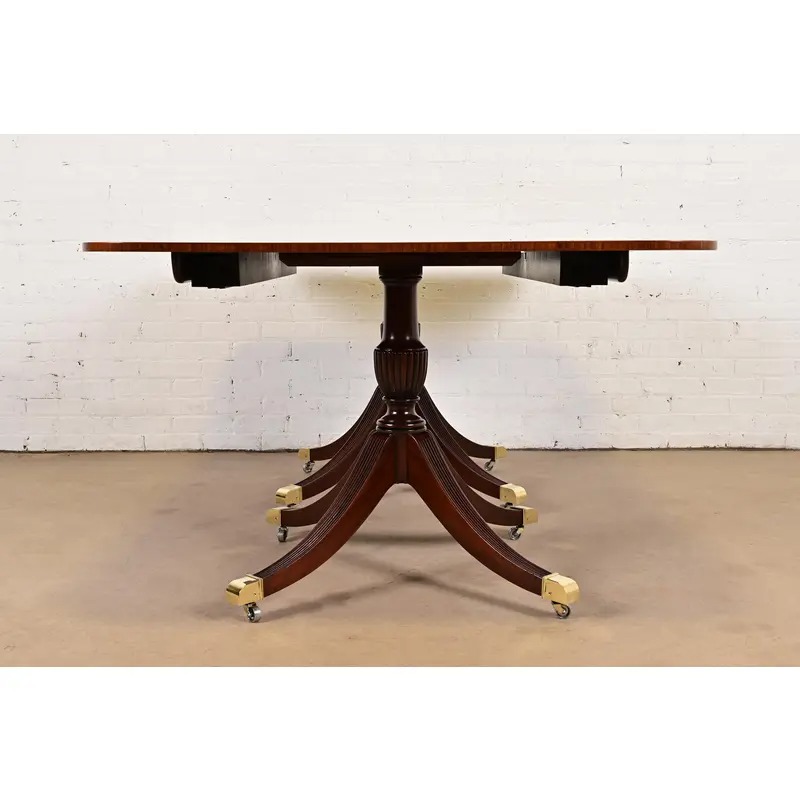 Baker Furniture Georgian Banded Mahogany Double Pedestal Extension Dining Table, Newly Refinished - Image 13
