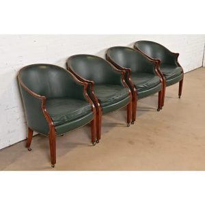 Baker Furniture Regency Carved Mahogany Leather Upholstered Lounge Chairs, Set of Four