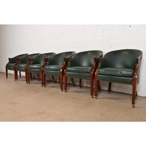 Baker Furniture Regency Carved Mahogany Leather Upholstered Lounge Chairs, Set of Six