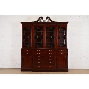 Baker Furniture Style English Georgian Carved Mahogany Breakfront Bookcase Cabinet With Drop Front Secretary Desk