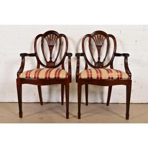 Baker Furniture Style Federal Carved Mahogany Shield Back Armchairs, Pair