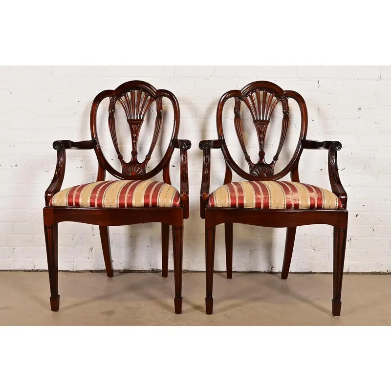 Baker Furniture Style Federal Carved Mahogany Shield Back Armchairs, Pair