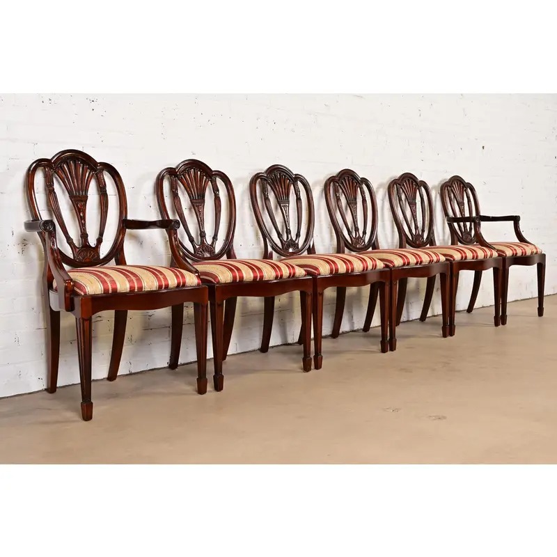 Baker Furniture Style Federal Carved Mahogany Shield Back Dining Chairs, Set of Six