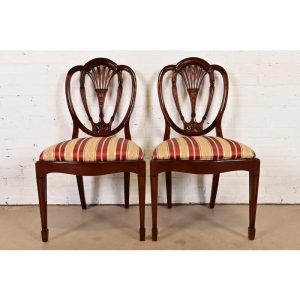 Baker Furniture Style Federal Carved Mahogany Shield Back Side Chairs or Dining Chairs, Pair