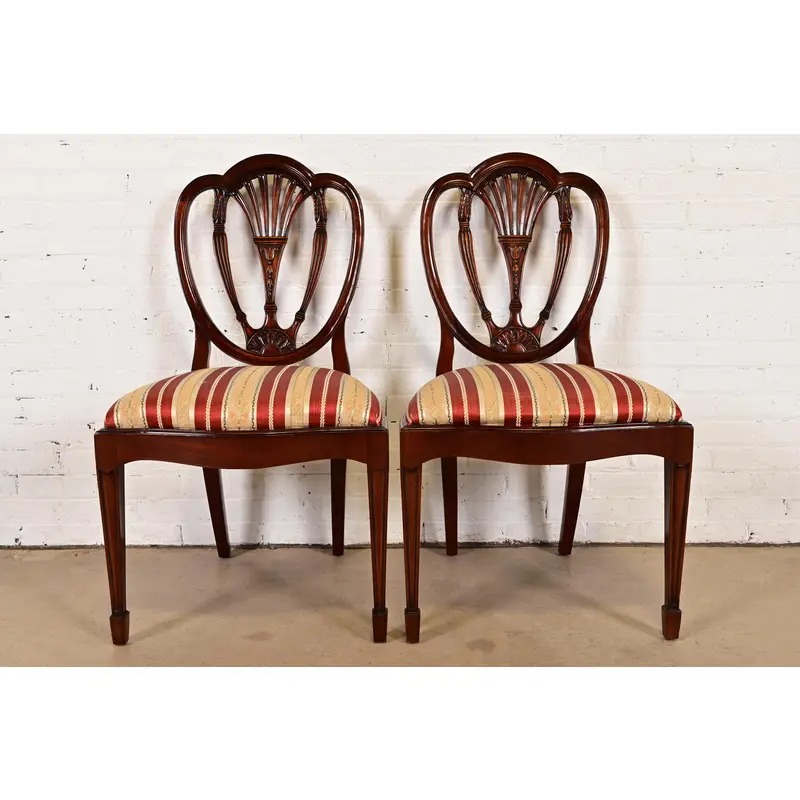Baker Furniture Style Federal Carved Mahogany Shield Back Side Chairs or Dining Chairs, Pair