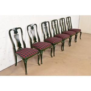 Kindel Furniture Chinoiserie Queen Anne Green Lacquered and Gold Gilt Dining Chairs, Set of Six
