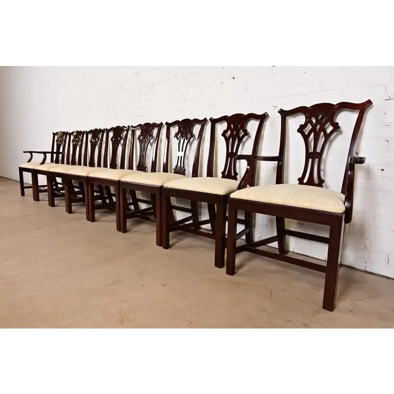 Kindel Furniture Georgian Carved Mahogany Dining Chairs, Set of Eight